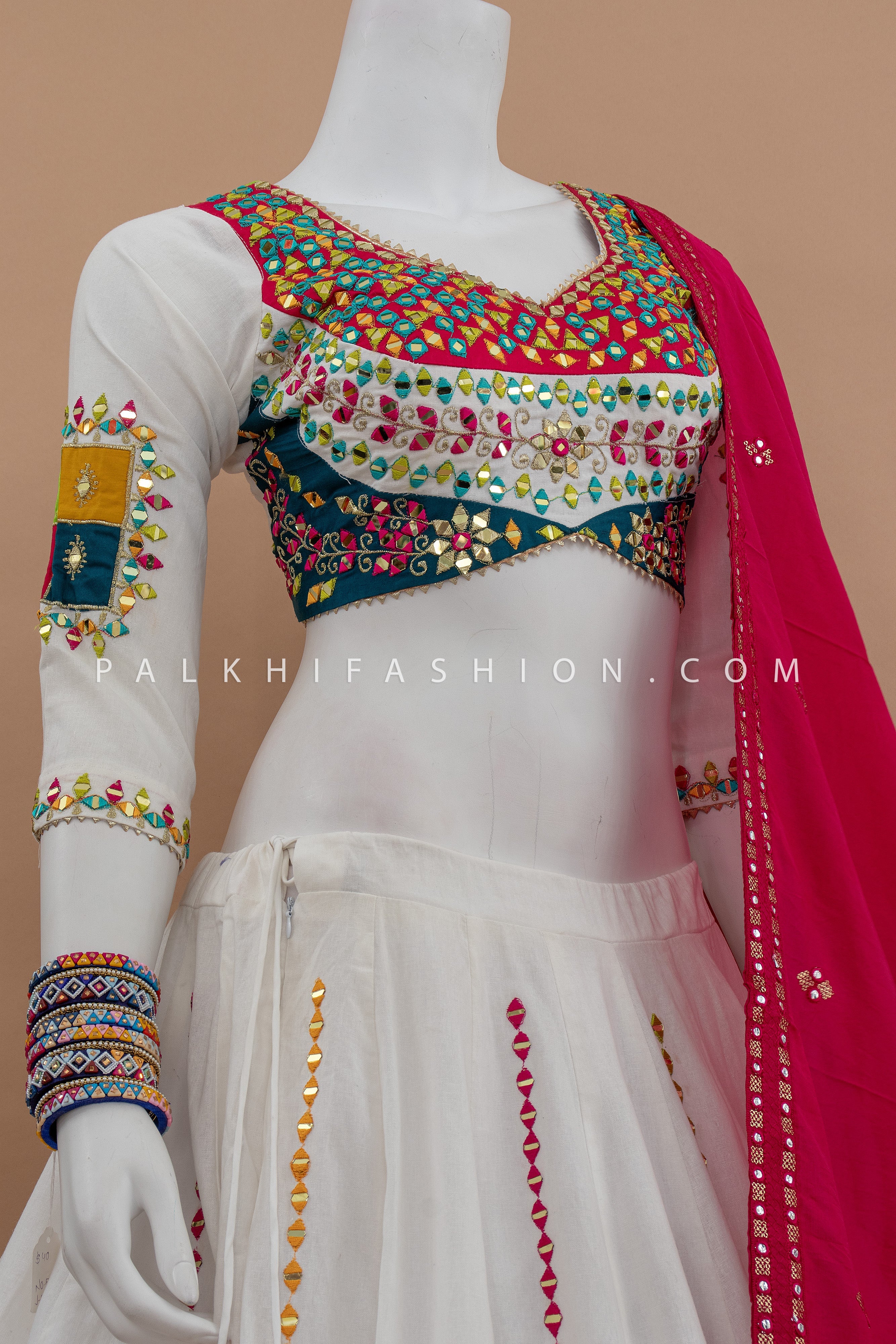 🤍 Festive Splendor: White Navratri Chaniya Choli with Multicolor Mirror Work – Palkhi Fashion