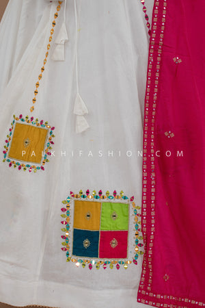 🤍 Festive Splendor: White Navratri Chaniya Choli with Multicolor Mirror Work – Palkhi Fashion