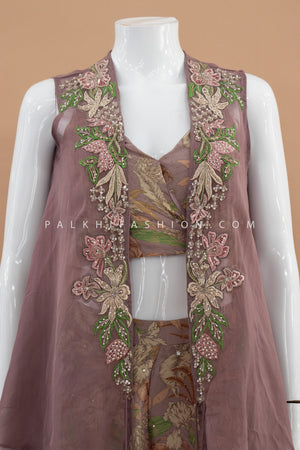 Fusion Finesse: Mauve Crop Top Palazzo Set with Embroidered Shrug – Palkhi Fashion