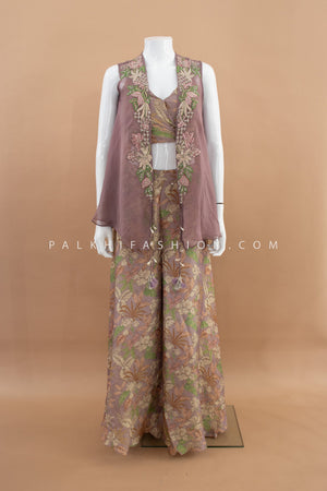 Fusion Finesse: Mauve Crop Top Palazzo Set with Embroidered Shrug – Palkhi Fashion