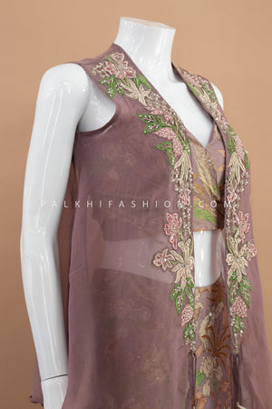 Fusion Finesse: Mauve Crop Top Palazzo Set with Embroidered Shrug – Palkhi Fashion