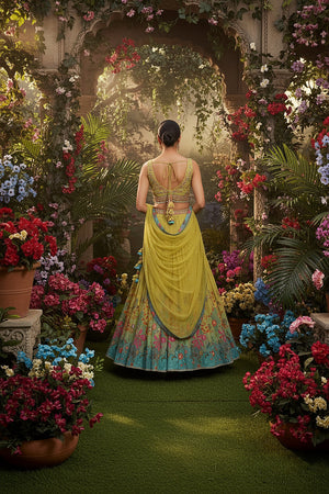 Garden Bloom: Yellow–Teal Designer Lehenga Choli with Handcrafted Blouse – Palkhi Fashion