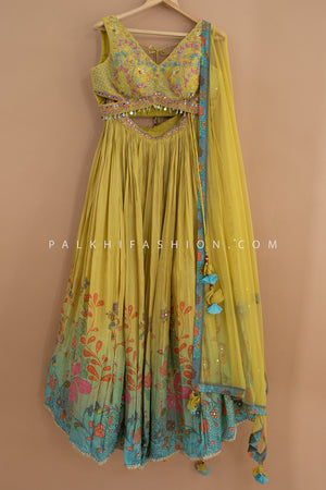 Garden Bloom: Yellow–Teal Designer Lehenga Choli with Handcrafted Blouse – Palkhi Fashion