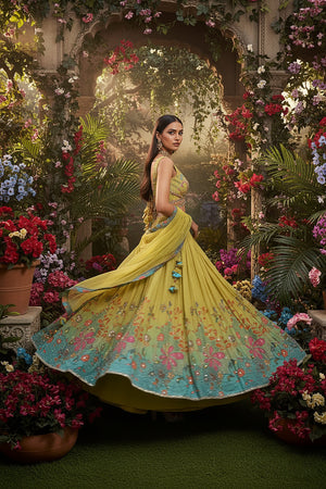 Garden Bloom: Yellow–Teal Designer Lehenga Choli with Handcrafted Blouse – Palkhi Fashion