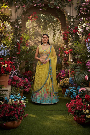 Garden Bloom: Yellow–Teal Designer Lehenga Choli with Handcrafted Blouse – Palkhi Fashion