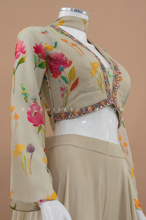 Garden Soirée: Champagne Designer Palazzo Set with Floral Embroidered Top – Palkhi Fashion