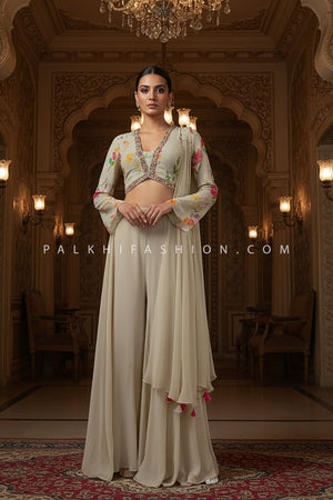 Garden Soirée: Champagne Designer Palazzo Set with Floral Embroidered Top – Palkhi Fashion