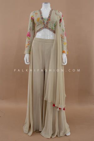 Garden Soirée: Champagne Designer Palazzo Set with Floral Embroidered Top – Palkhi Fashion