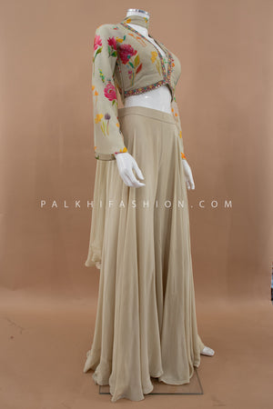Garden Soirée: Champagne Designer Palazzo Set with Floral Embroidered Top – Palkhi Fashion