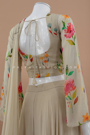 Garden Soirée: Champagne Designer Palazzo Set with Floral Embroidered Top – Palkhi Fashion