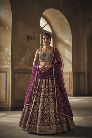 Gilded Wine: Wine Banarasi Silk Brocade Designer Lehenga Choli – Palkhi Fashion