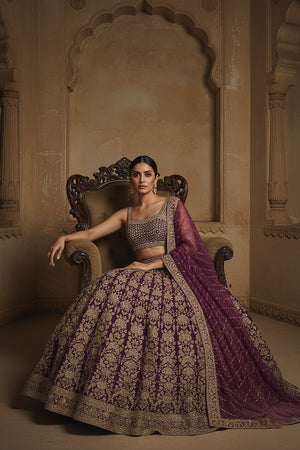 Gilded Wine: Wine Banarasi Silk Brocade Designer Lehenga Choli – Palkhi Fashion