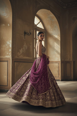 Gilded Wine: Wine Banarasi Silk Brocade Designer Lehenga Choli – Palkhi Fashion