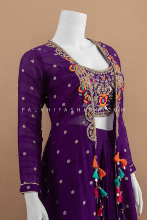 Glam Remix: Purple Crop Top Palazzo Suit with Shrug – Palkhi Fashion