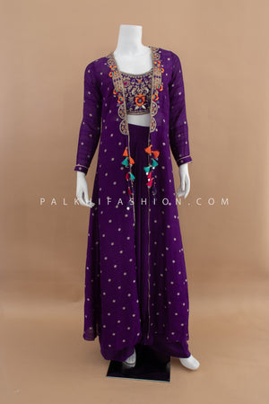 Glam Remix: Purple Crop Top Palazzo Suit with Shrug – Palkhi Fashion