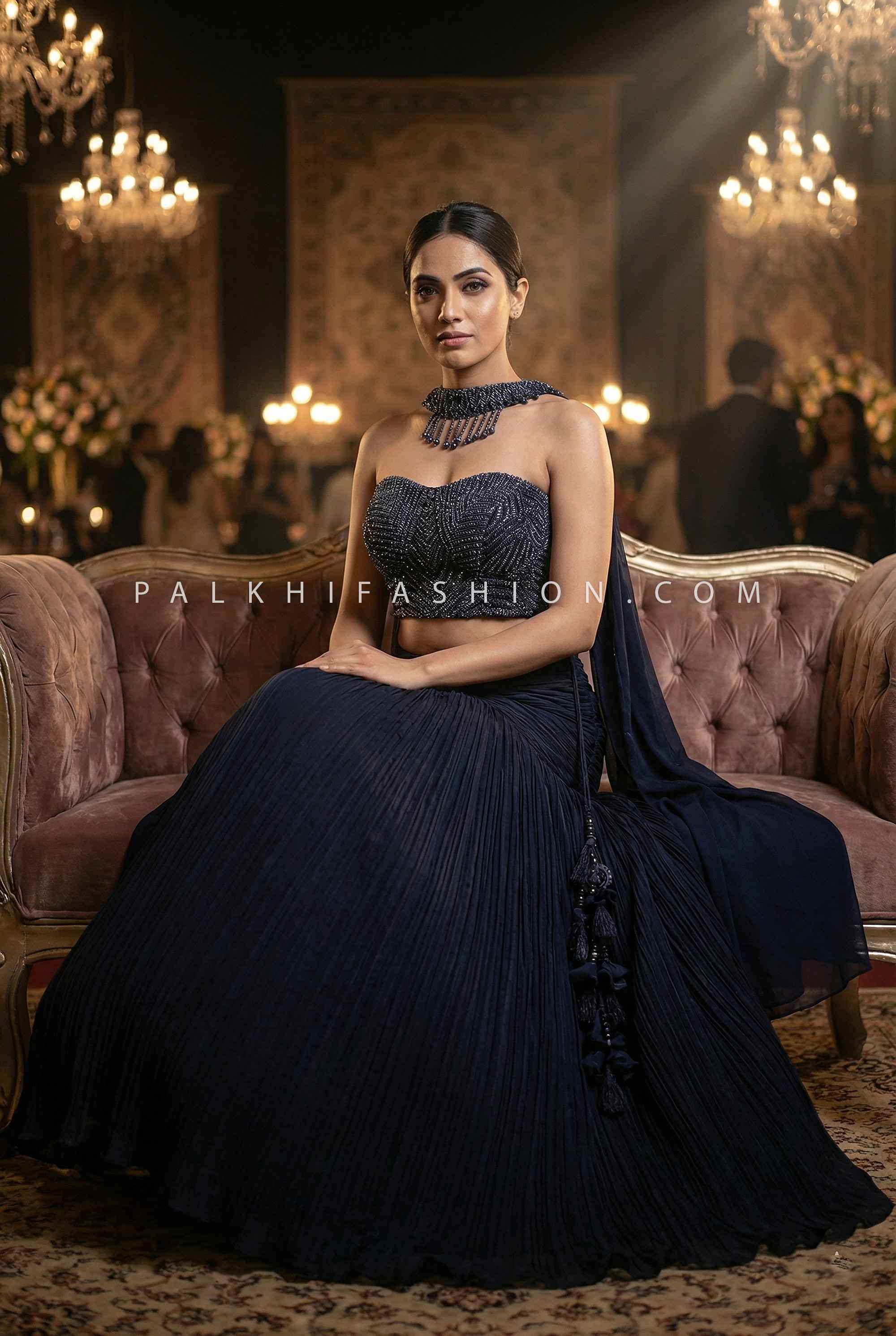 Glamorous Midnight Blue Mermaid Indo-Western Lehenga with Beaded Corset & Choker | Palkhi Fashion