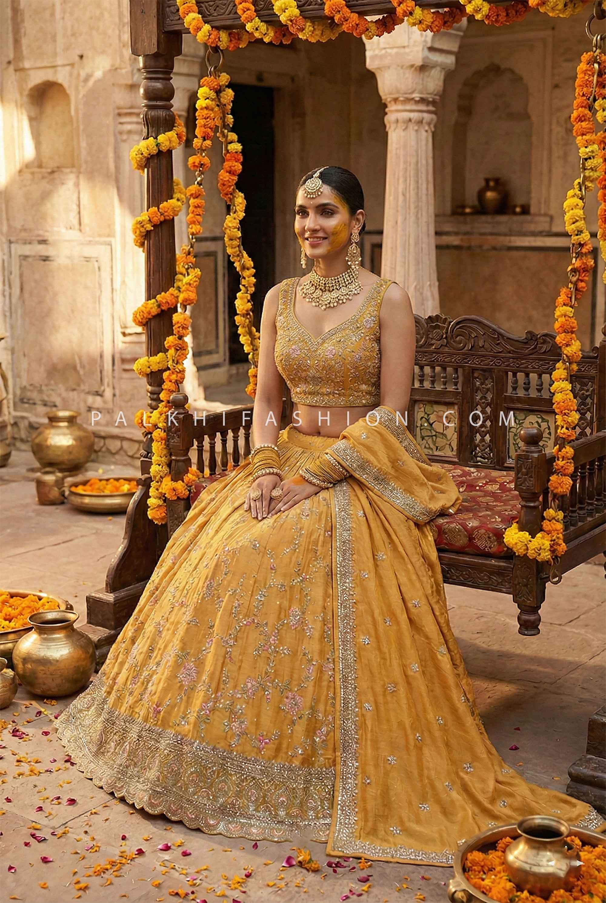 Golden Bloom — Mustard Yellow Floral Embroidered Lehenga Choli | Palkhi Fashion