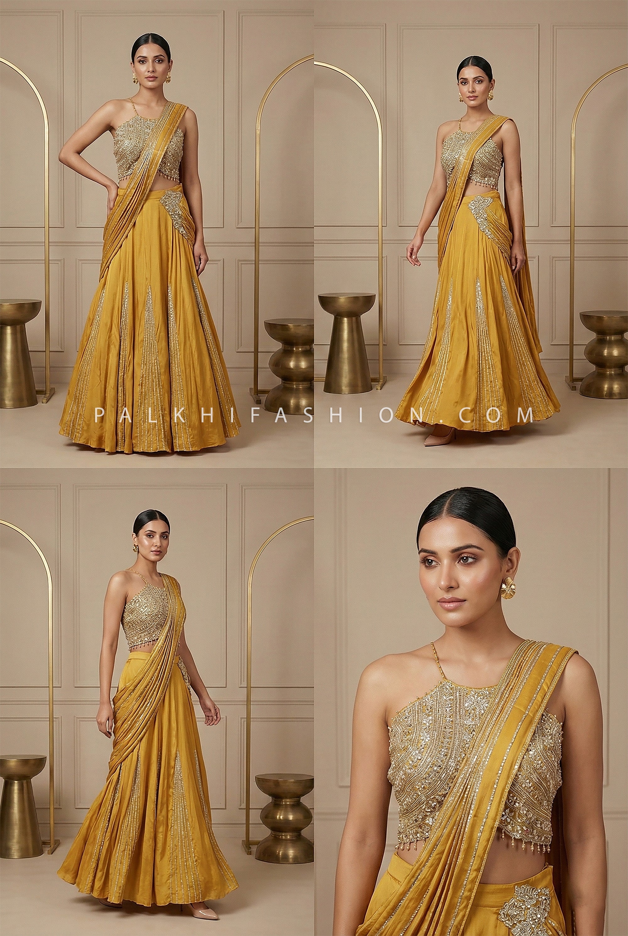 Golden Drape - Mustard Silk Pre - Draped Lehenga Set – Designer Embroidered Lehenga - Palkhi Fashion