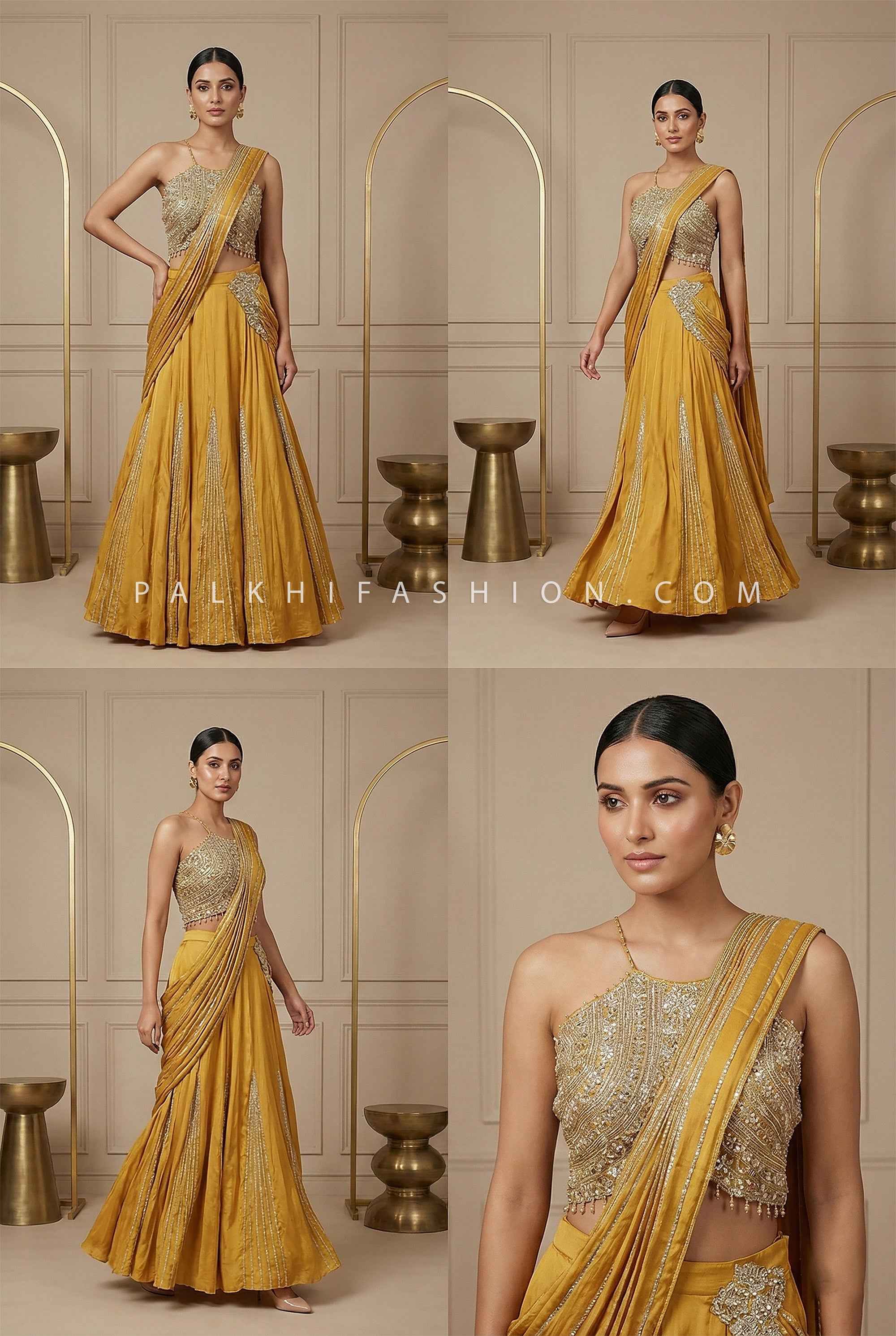 Golden Drape - Mustard Silk Pre-Draped Lehenga Set – Designer Embroidered Lehenga - Palkhi Fashion