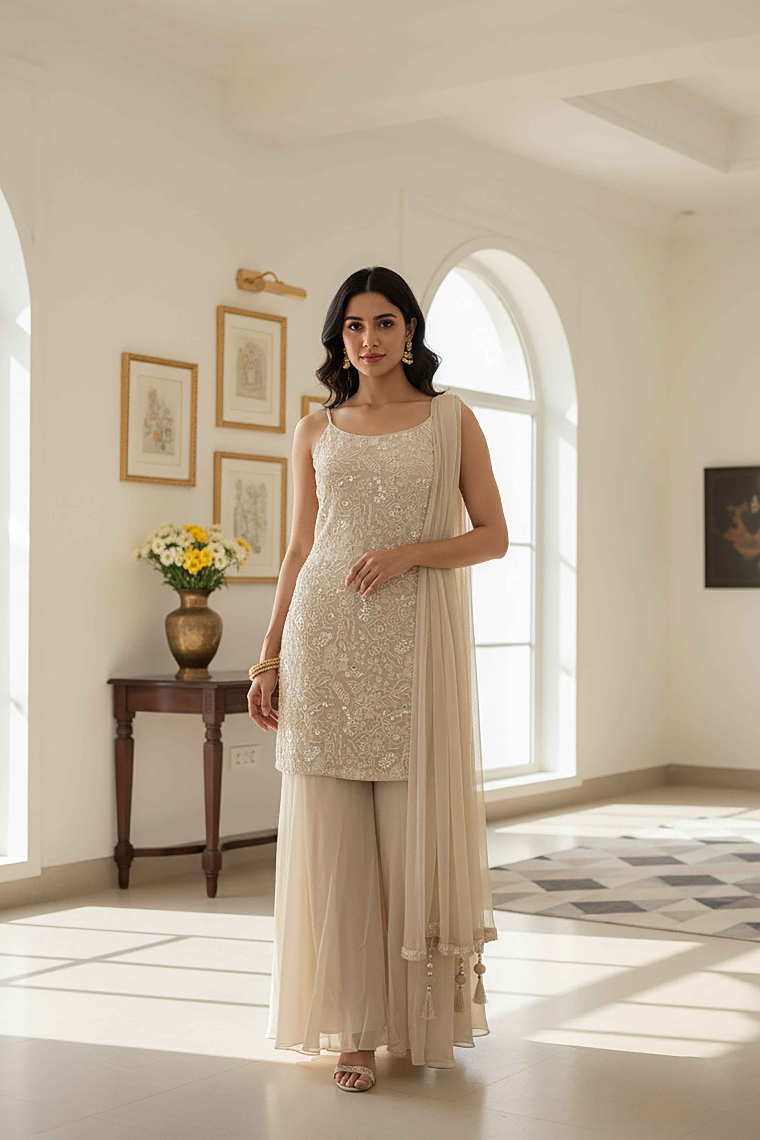 Golden Hour Glam : Champagne Palazzo Outfit with Beads Embroidery – Palkhi Fashion