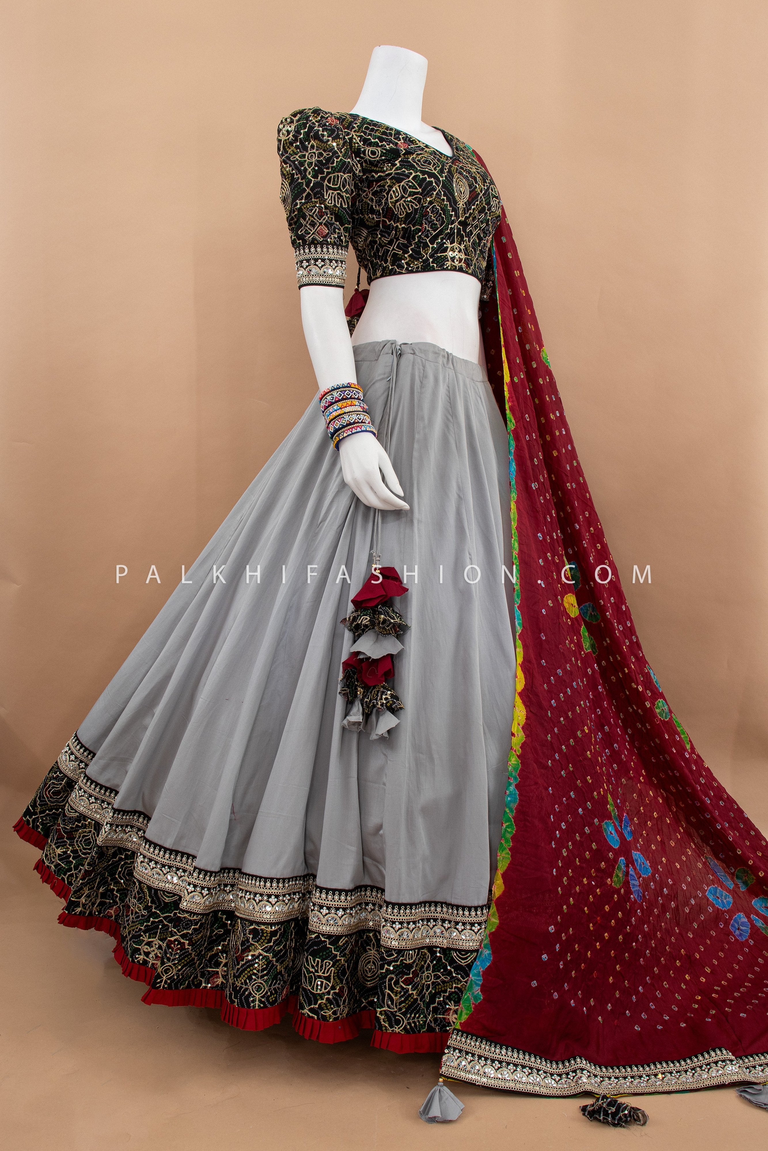 Gray Glamour: Chaniya Choli with Black Bandhani Aari Embroidered Blouse & Bandhani Dupatta