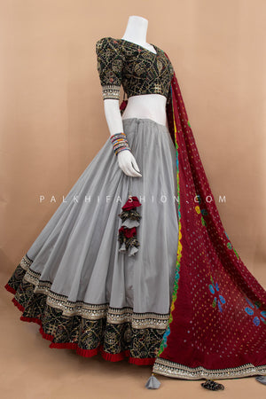 Gray Glamour: Chaniya Choli with Black Bandhani Aari Embroidered Blouse & Bandhani Dupatta