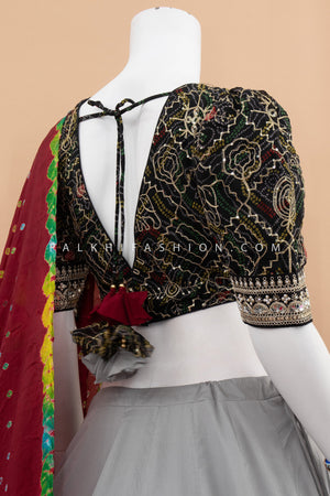 Gray Glamour: Chaniya Choli with Black Bandhani Aari Embroidered Blouse & Bandhani Dupatta
