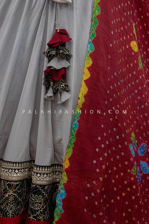 Gray Glamour: Chaniya Choli with Black Bandhani Aari Embroidered Blouse & Bandhani Dupatta