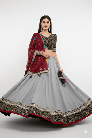Gray Glamour: Chaniya Choli with Black Bandhani Aari Embroidered Blouse & Bandhani Dupatta