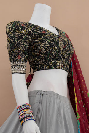 Gray Glamour: Chaniya Choli with Black Bandhani Aari Embroidered Blouse & Bandhani Dupatta