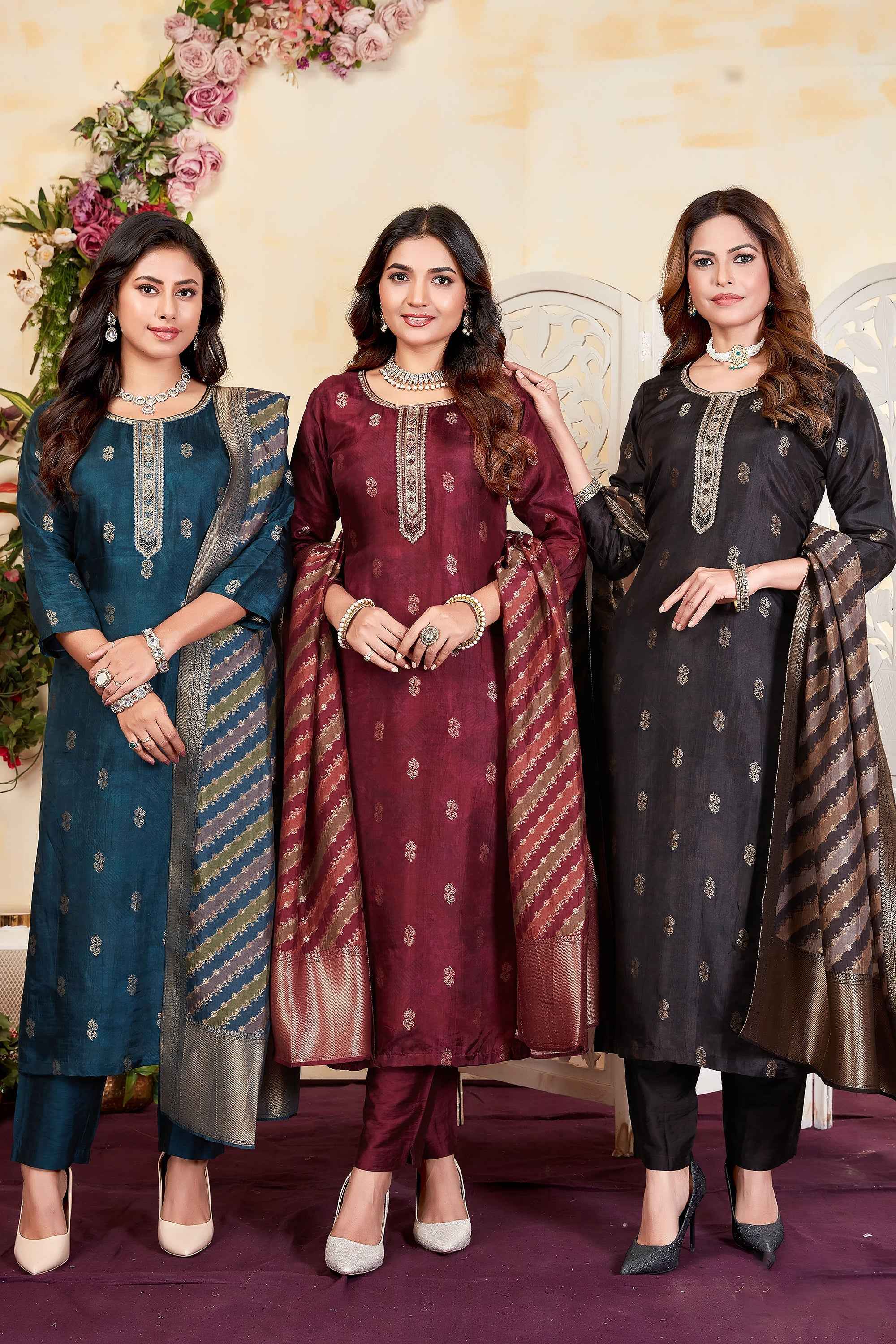 Greyish Black Straight Suit with Pure Silk Embroidered Dupatta – Palkhi Fashion