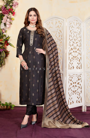 Greyish Black Straight Suit with Pure Silk Embroidered Dupatta – Palkhi Fashion