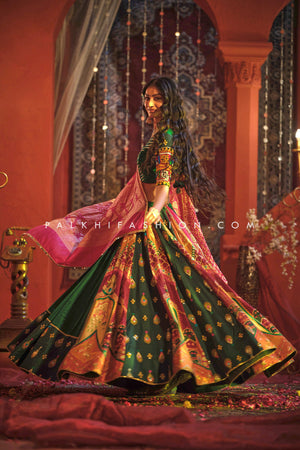 Handcrafted Emerald Green Silk Chaniya Choli for Navratri