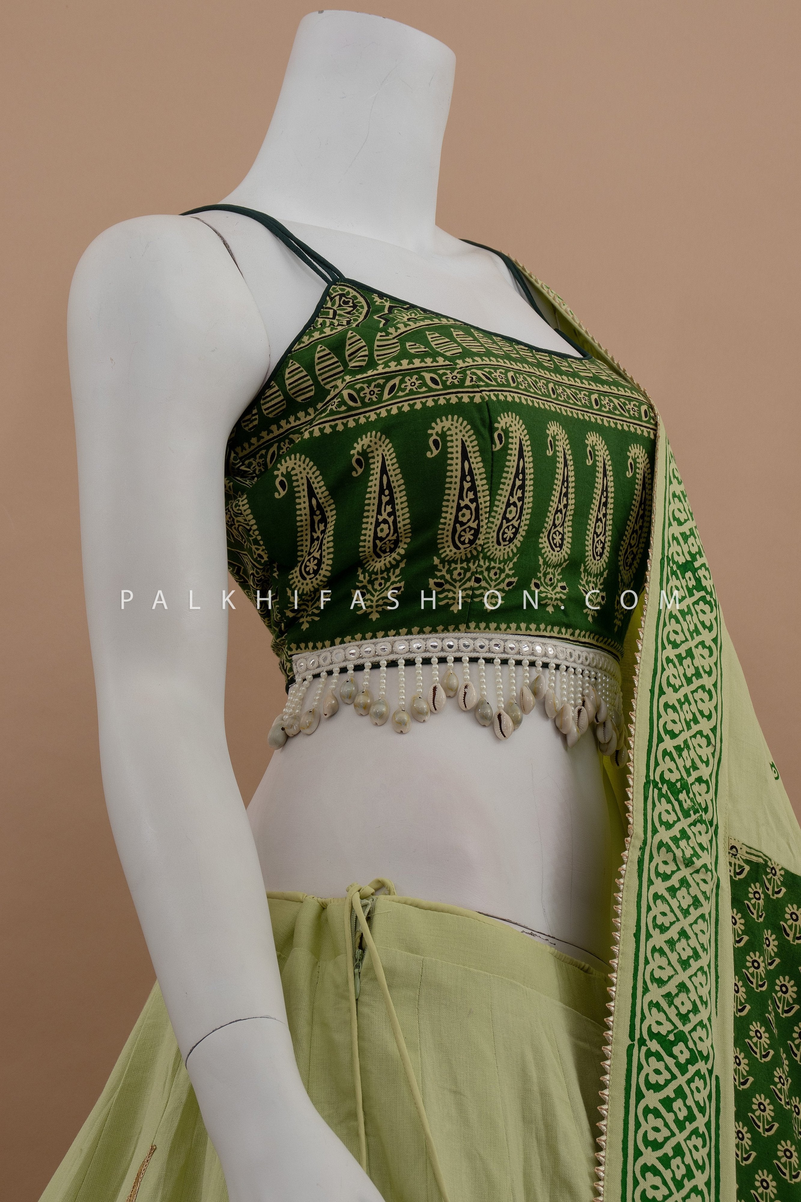 🌿 Heritage Glow: Ajrakh Fusion Navratri Chaniya Choli in Sage & Emerald – Palkhi Fashion