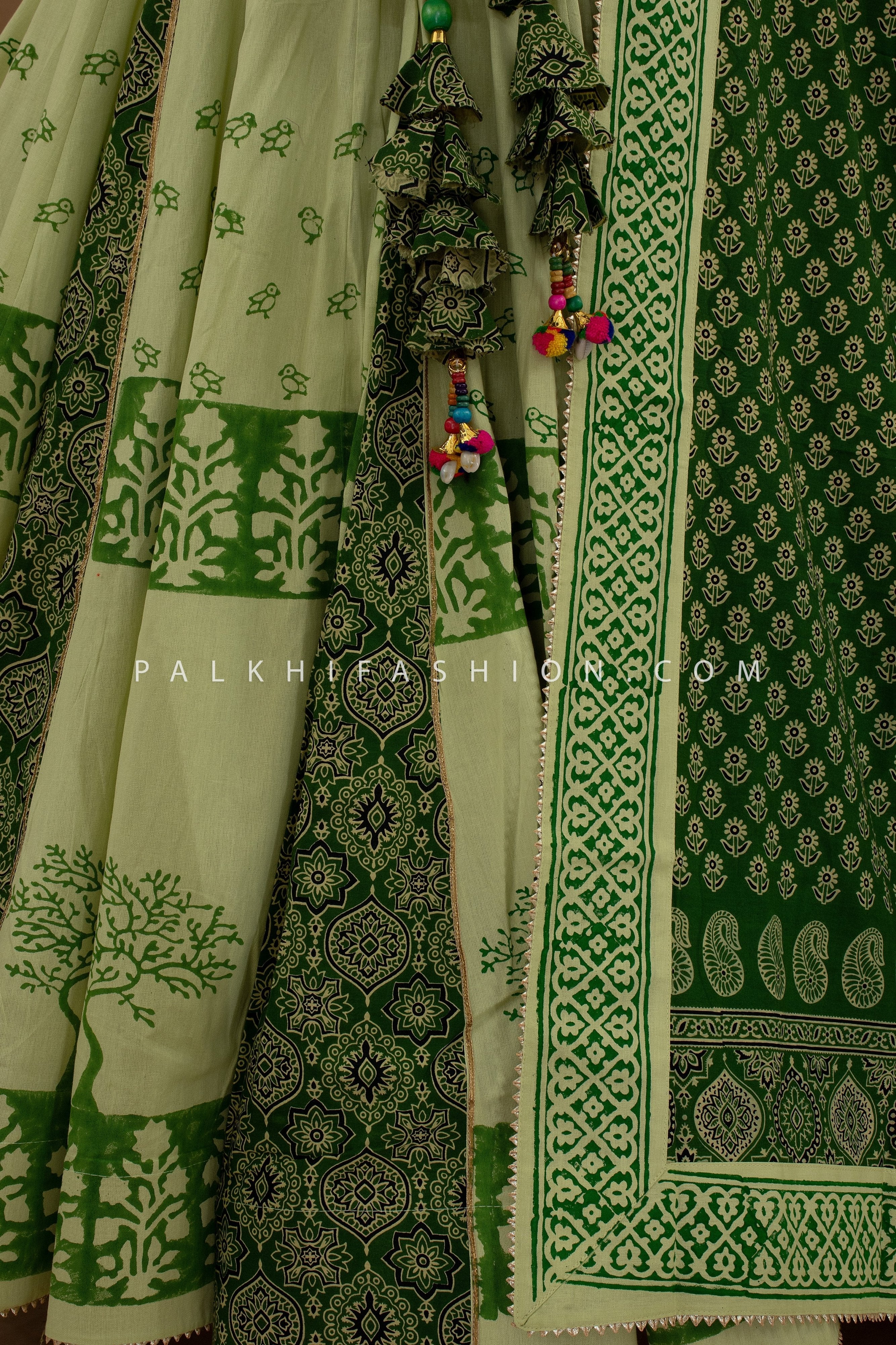 🌿 Heritage Glow: Ajrakh Fusion Navratri Chaniya Choli in Sage & Emerald – Palkhi Fashion