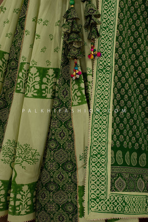 🌿 Heritage Glow: Ajrakh Fusion Navratri Chaniya Choli in Sage & Emerald – Palkhi Fashion