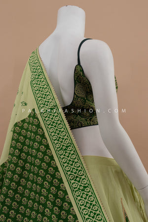 🌿 Heritage Glow: Ajrakh Fusion Navratri Chaniya Choli in Sage & Emerald – Palkhi Fashion