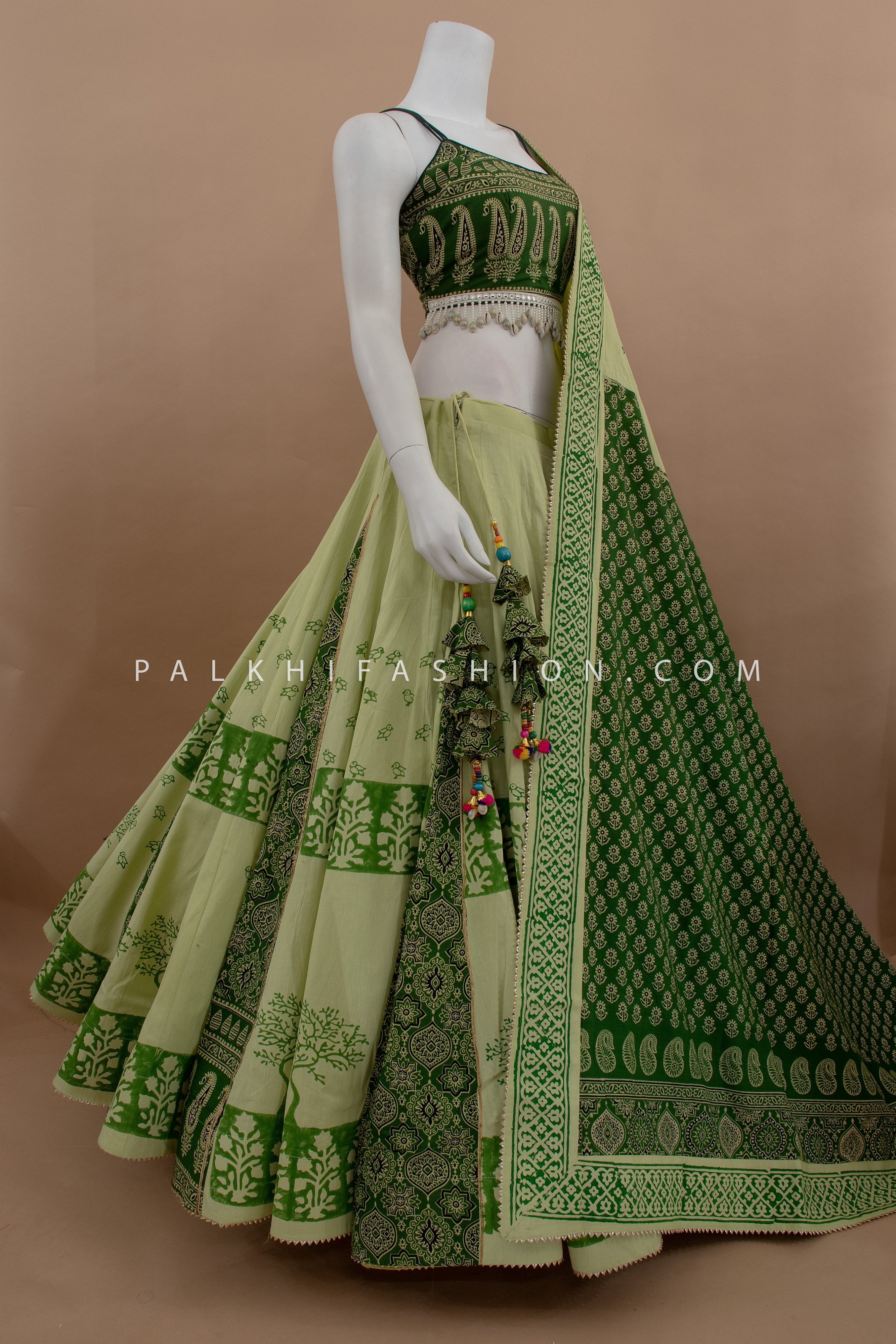 🌿 Heritage Glow: Ajrakh Fusion Navratri Chaniya Choli in Sage & Emerald – Palkhi Fashion