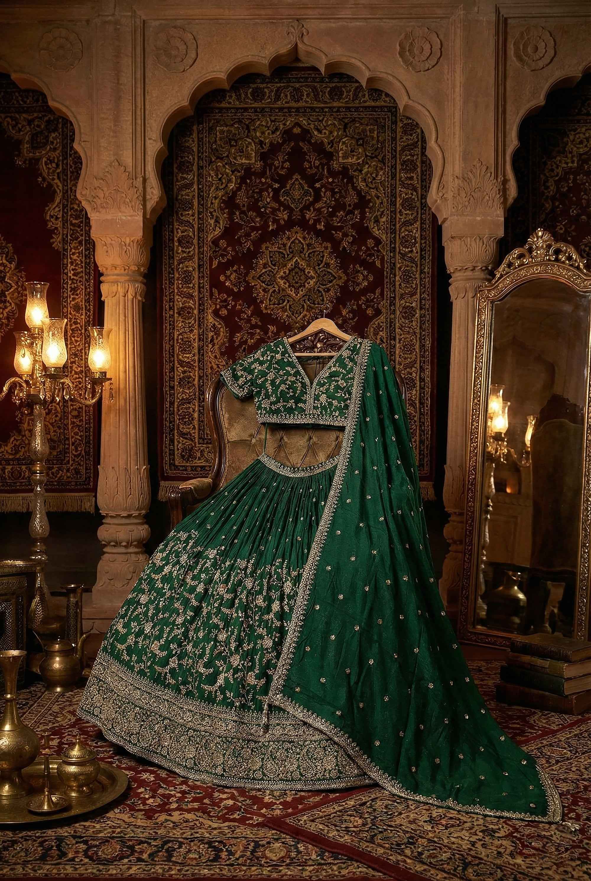 Heritage Green Grandeur- Emerald Green Lehenga Choli with Intricate Embroidery