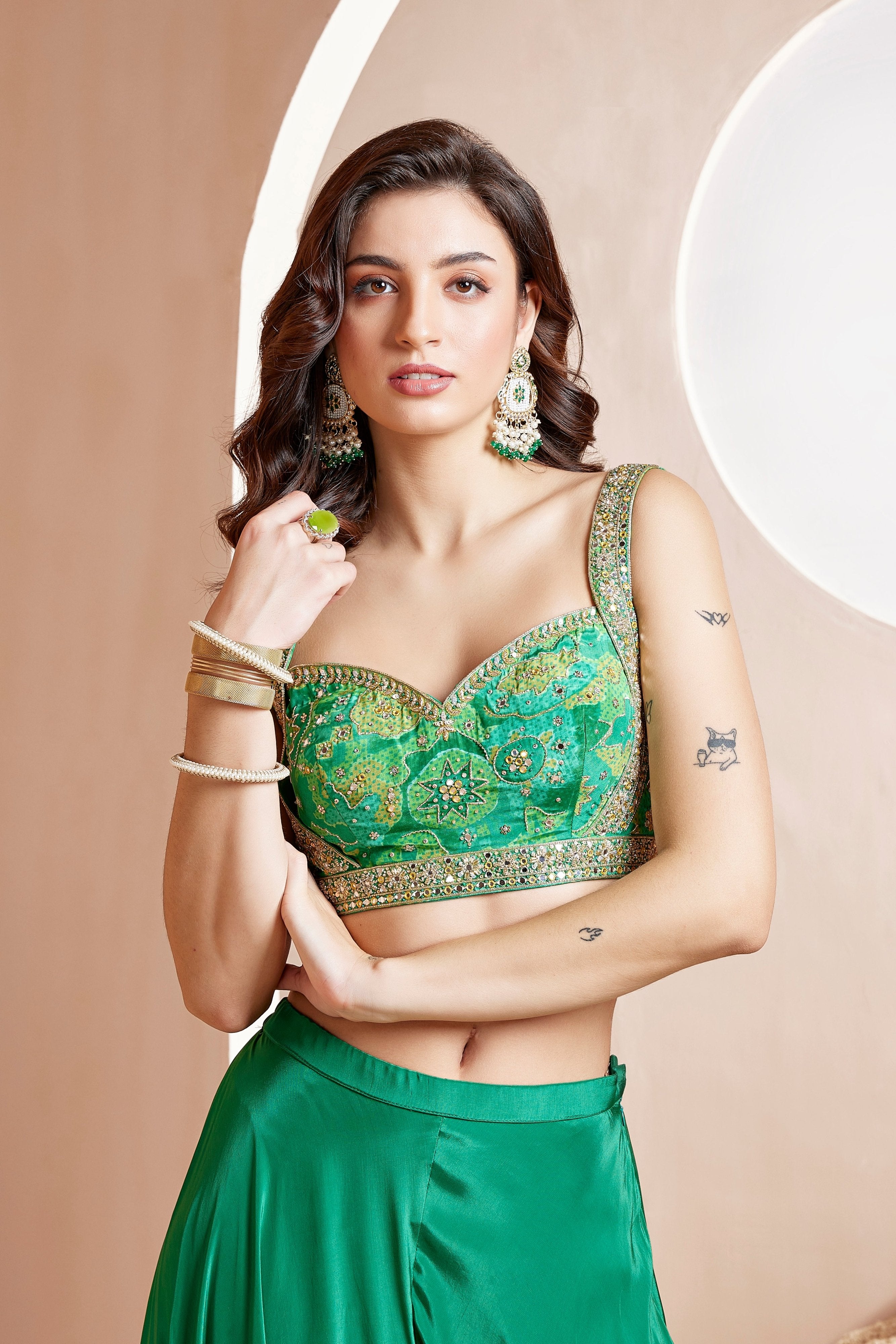 Indie Vogue: Emerald Green Crop Top Palazzo Outfit – Palkhi Fashion