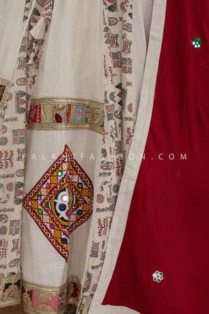 Ivory Khadi Gamthi & Folk Inspired Chaniya Choli with Maroon Dupatta – Palkhi Fashion