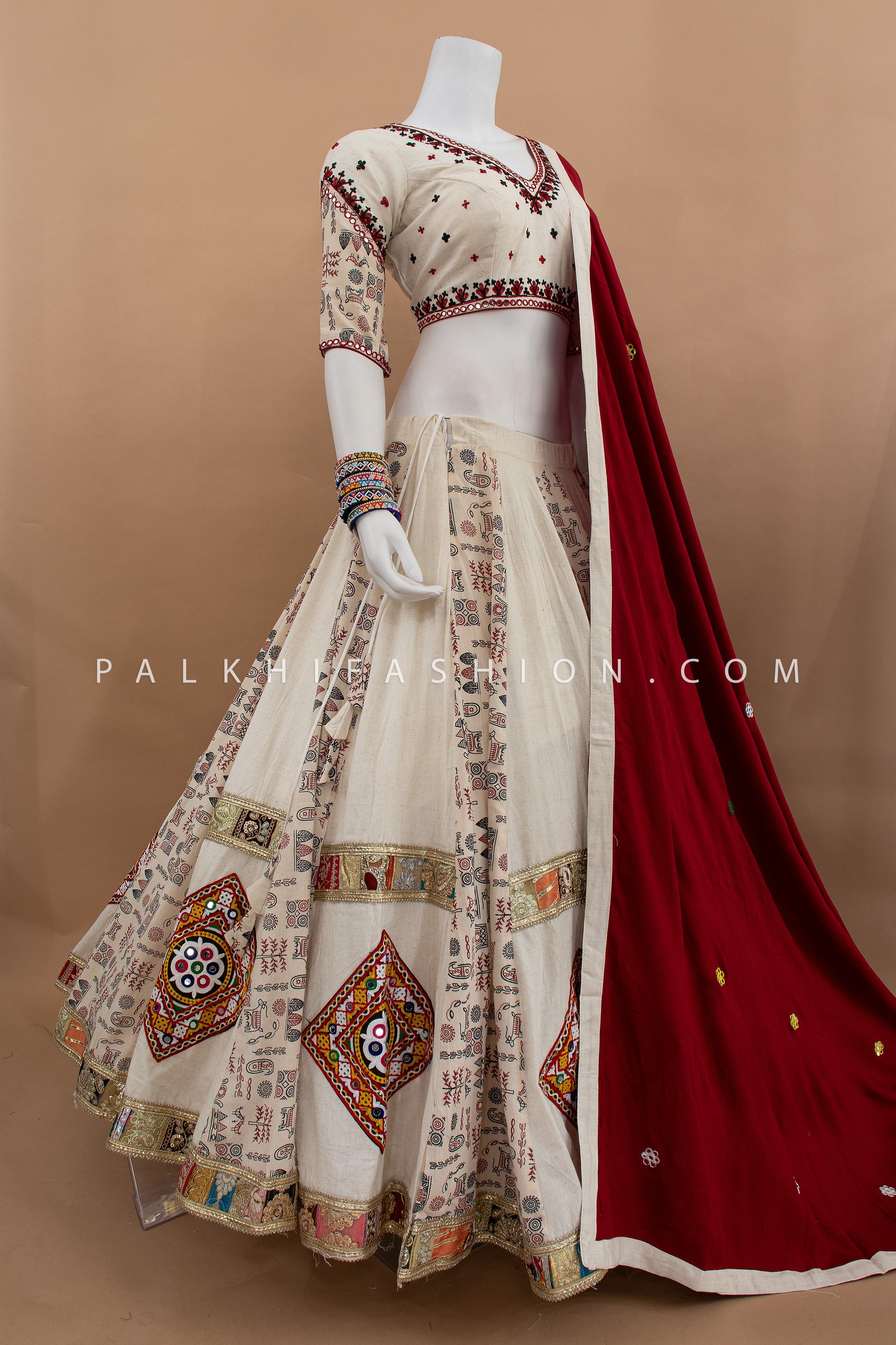 Ivory Khadi Gamthi & Folk Inspired Chaniya Choli with Maroon Dupatta – Palkhi Fashion