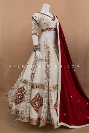 Ivory Khadi Gamthi & Folk Inspired Chaniya Choli with Maroon Dupatta – Palkhi Fashion
