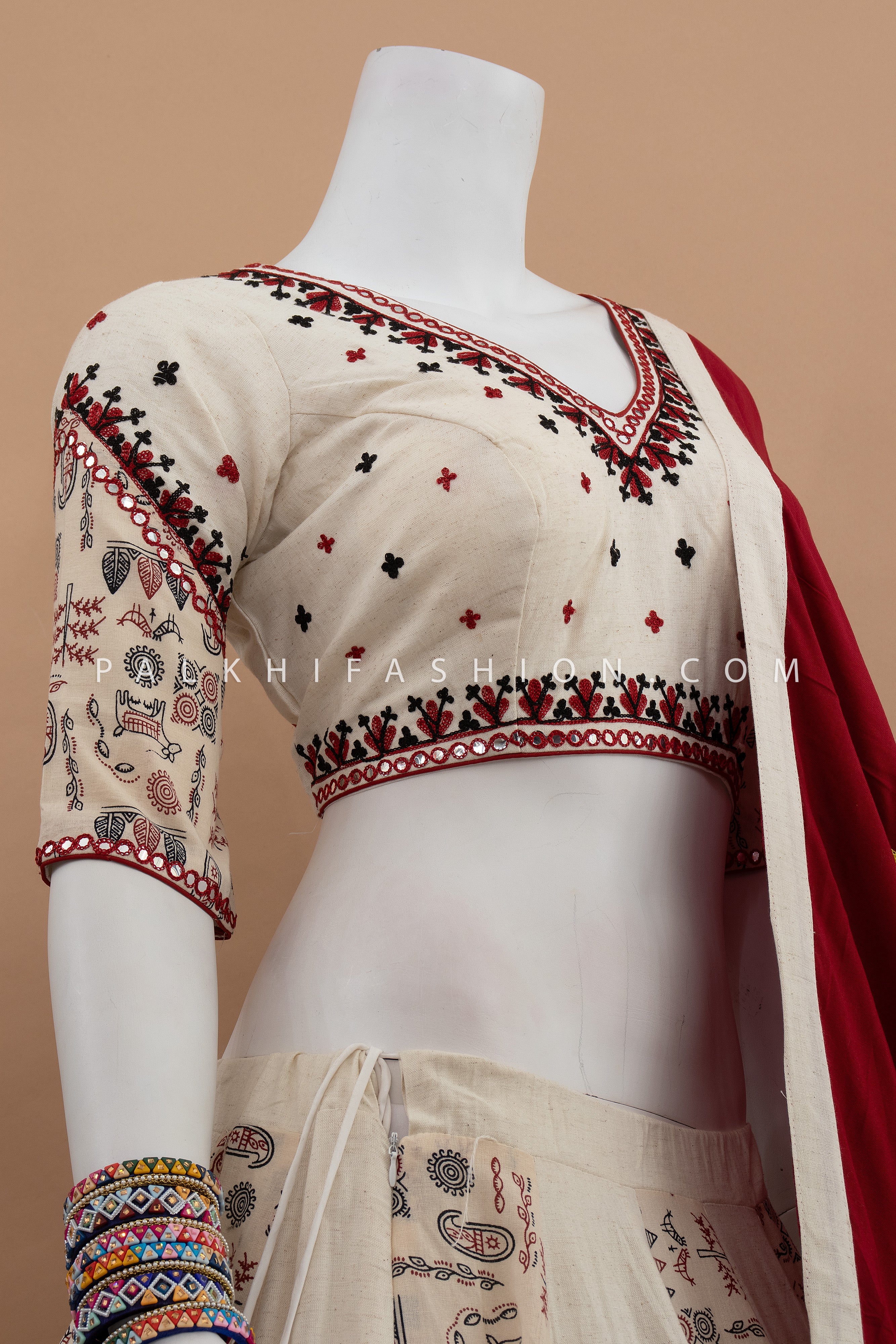 Ivory Khadi Gamthi & Folk Inspired Chaniya Choli with Maroon Dupatta – Palkhi Fashion