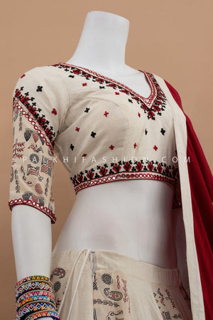 Ivory Khadi Gamthi & Folk Inspired Chaniya Choli with Maroon Dupatta – Palkhi Fashion