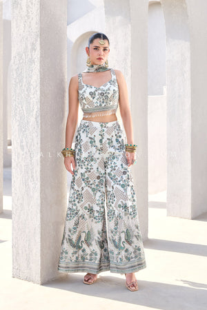 Ivory Pearl Blossom: Contemporary Embroidered Palazzo Outfit – Palkhi Fashion