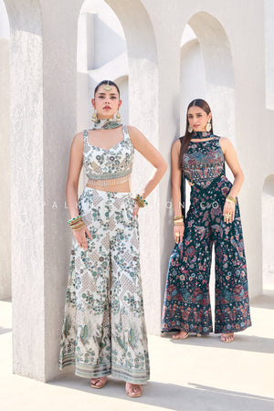 Ivory Pearl Blossom: Contemporary Embroidered Palazzo Outfit – Palkhi Fashion