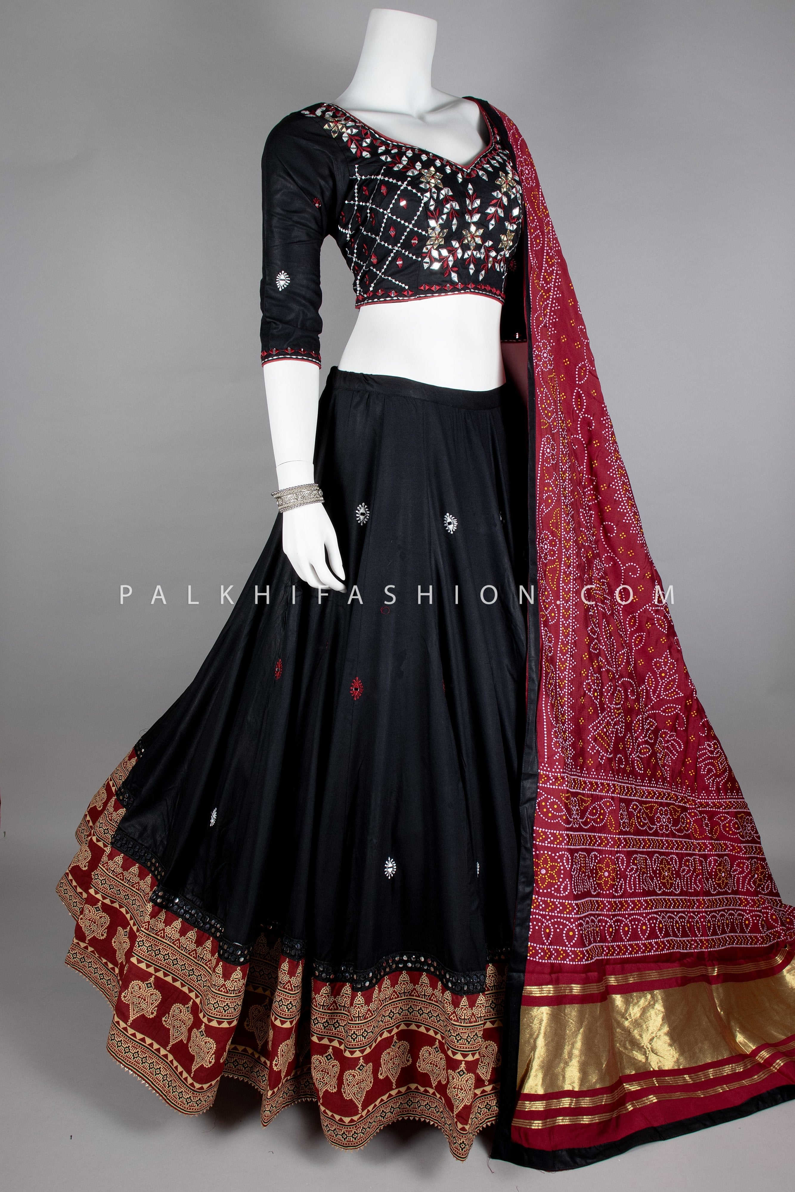 Kutch Combo: Ajrakh & Bandhani Black Navratri Chaniya Choli - Palkhi Fashion
