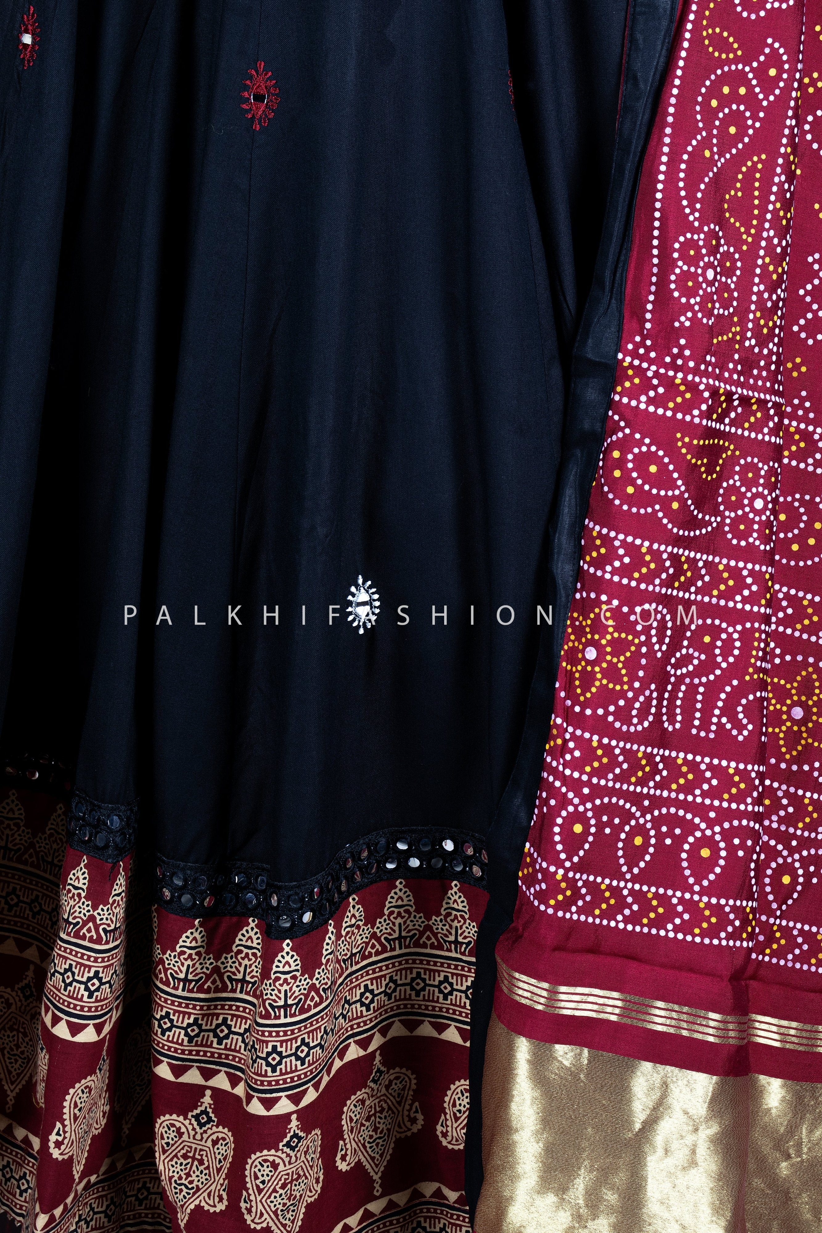 Kutch Combo: Ajrakh & Bandhani Black Navratri Chaniya Choli - Palkhi Fashion
