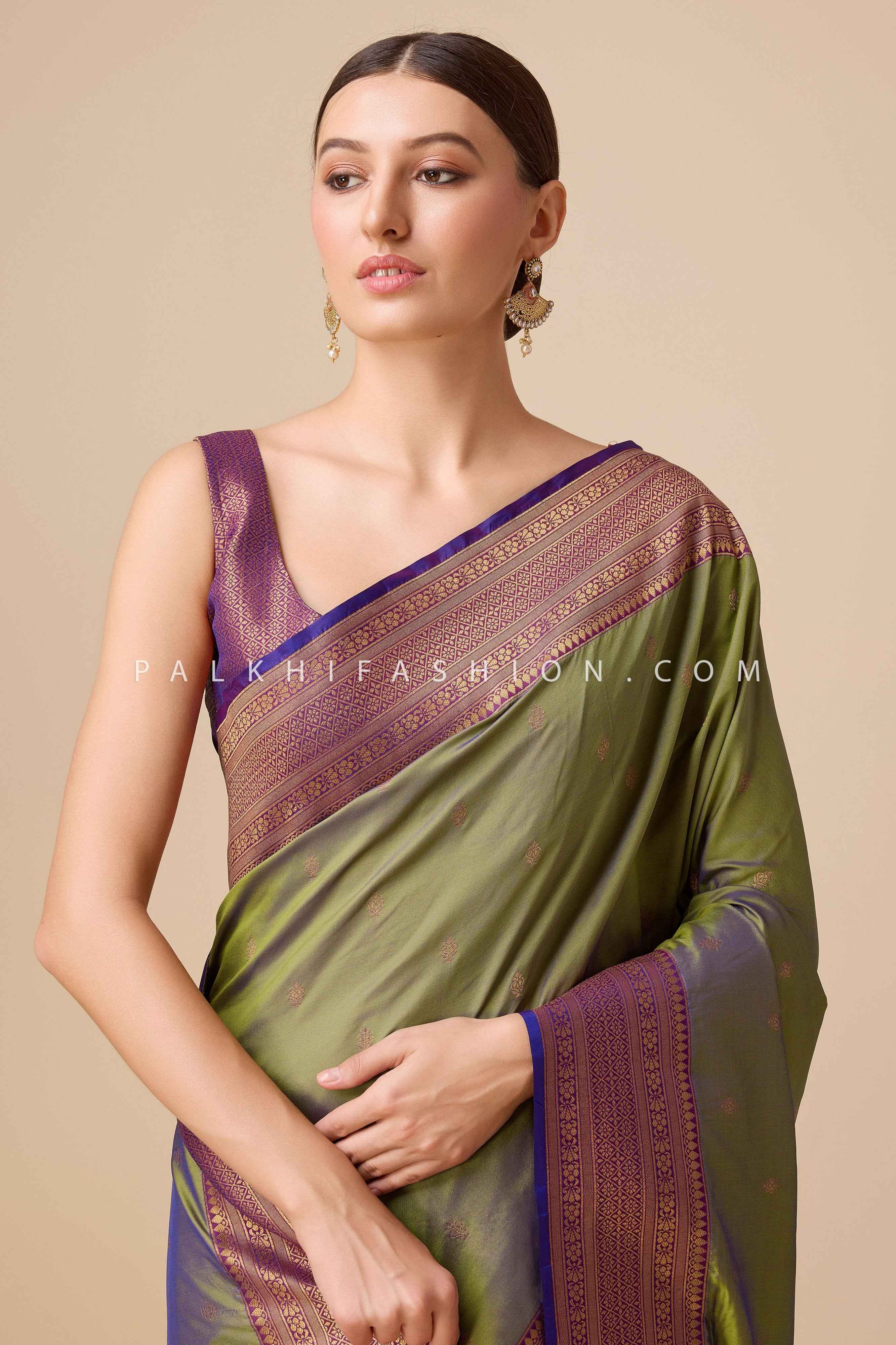 Light Mehndi Kanjivaram Saree with Elegant Motifs and Border – Palkhi Fashion